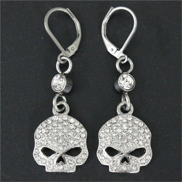 2pairs/lot newest pink crystal skull biker earrings 316L stainless steel fashion jewelry ladies popular motorbiker earrings