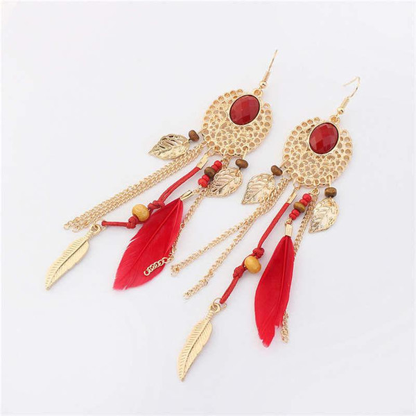 Retro Feather Tassel Earrings Dangle Chain Gold Enamel Earring for Women Fashion Jewelry luxury designer jewelry women earrings drop ship