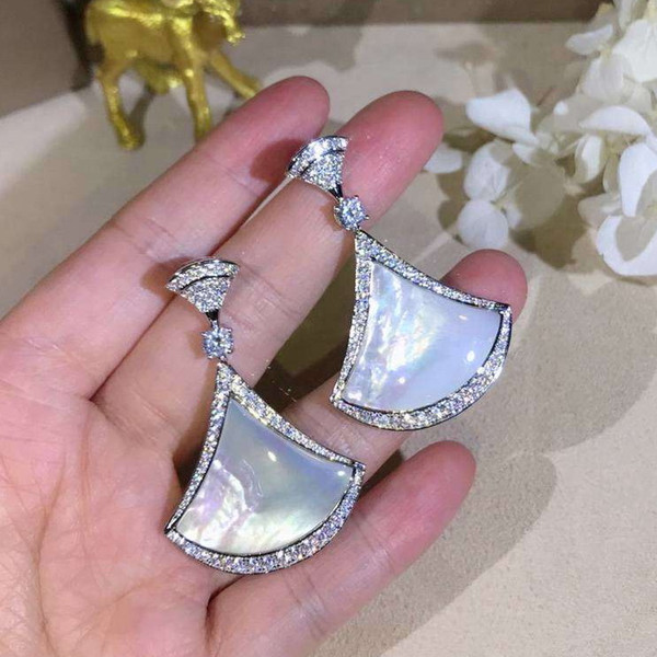 Luxury mother of pearl natural stone CZ diamond fan-shaped Earrings 18k white/rose/yellow gold plated women party jewe