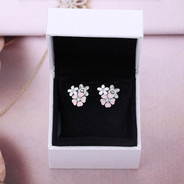 100% 925 Sterling Silver Pink Enamel Flower Earrings with box Fit Pandora Charm Jewelry Stud Earring for Women Valentine's Day gift