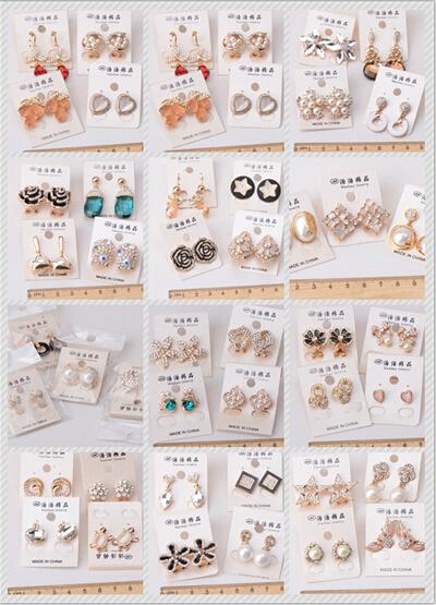 Mixed order 50 pairs/lot alloy Mosaic shiny Seven color gem pearl Resin drill Stud earrings Fashion woman/girl earrings