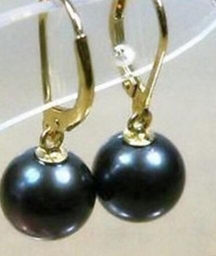 charming 10-10.5mm AAA tahitian round black pearl earring 14K Gold