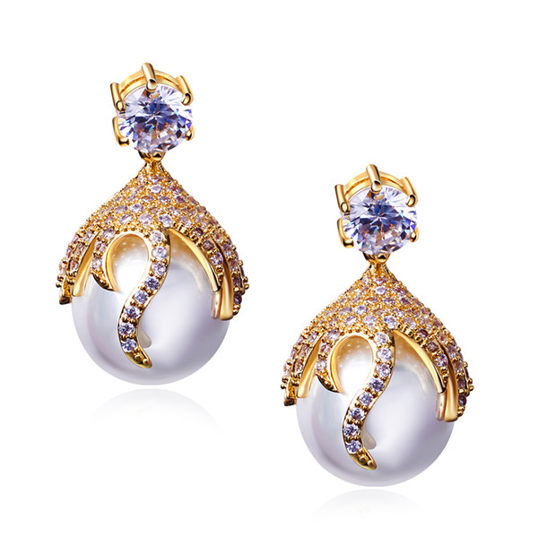 Oumeifeng fashion imitation Pearl zircon copper earrings 2018 Spring and Autumn new birthday party earring