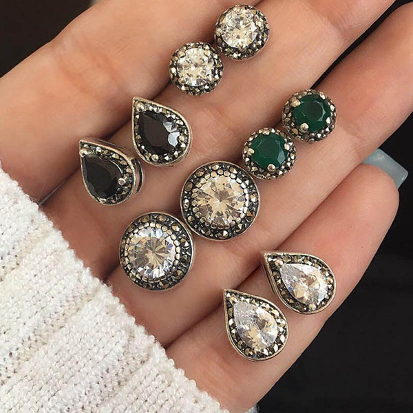 5 Pairs/Set Water Drop Green White Crystal Stud Earrings for Women Boho Boucle D'oreille Jewelry Dazzling Cubic Zirconia Brincos