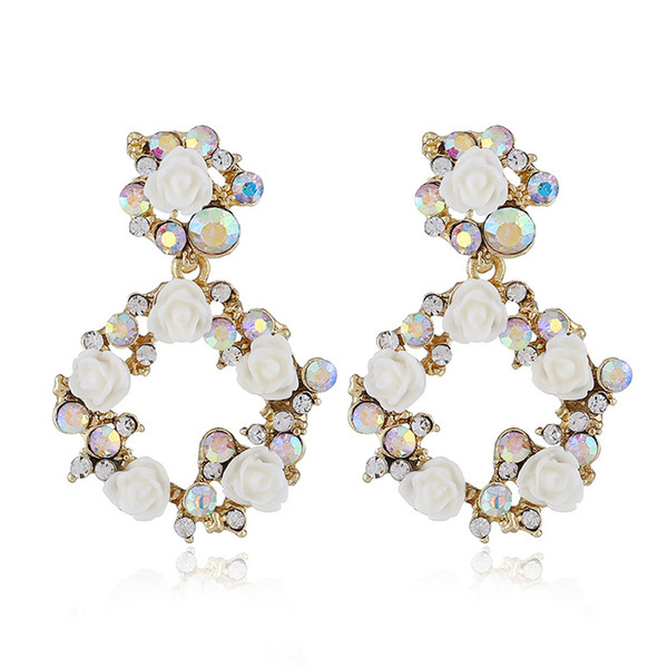 Fashional Ladies Favorite Dangle Earring Porcelain Rose flowers Ear Stud Rhinestone Earring Wreath Earring Pink White Dangle chandelier