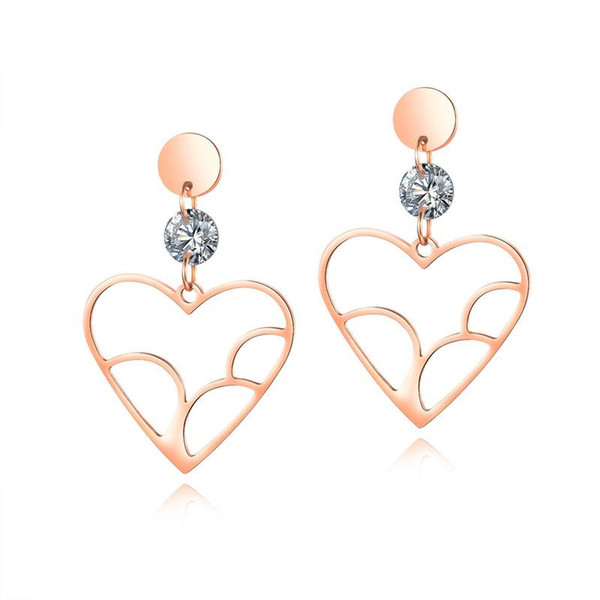 New Titanium Steel Jewelry Korean Version Rose Gold Heart Shaped Zircons Stainless Steel Earrings New Style Gift