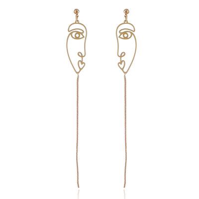 Personality Charm Earring Alloy Golden Tassels Ear Ring Hollow Human Face Dangle Earring Wedding Pendant Chandelier Ear Ring Tassel Ear Drop