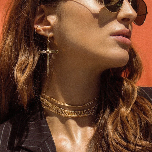European and American Fashion Style Retro Ancient Silver Cross Female Earrings and Earrings Alloy 6 Cm Long Fashionable Personality