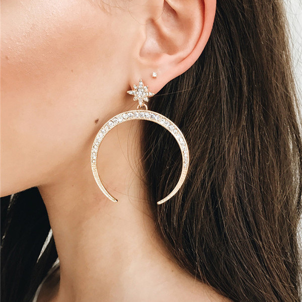 Europe and the United States big full diamond stars moon earrings earrings earrings 4.5cm long alloy personality fashion new girls