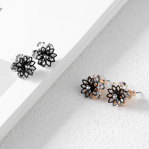 Korean Version of The Temperament Double Hollowed Flowers Black Border Earrings Personality Hundred Short Earrings Honey Jewelry Fashion