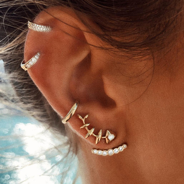 European, American, Japanese and Korean Fashionable Women Full of Drill and Hang Fish Bone Ear Nail Ear Jewelry Suit Personality New Style