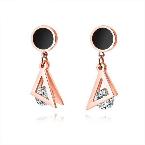 Japanese and Korean Simple Black Round Triangular Clamp Drill Earrings Gaseous Titanium Steel 18K Rose Gold Earrings Trend