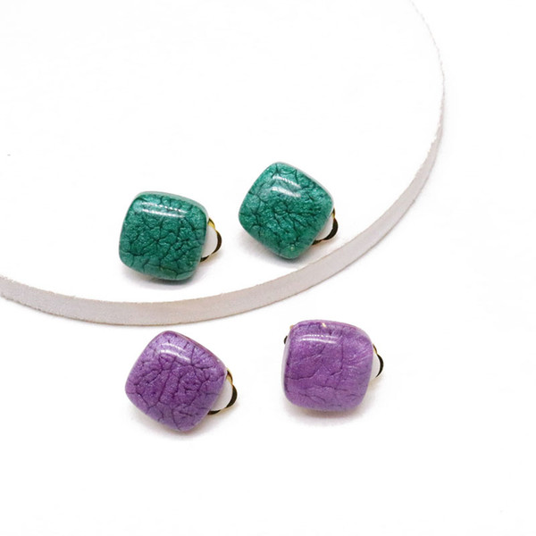 Free Shipping Simple Square Green Purple Resin Cute Small Clip Earring, Elegant Clip Earring For Women