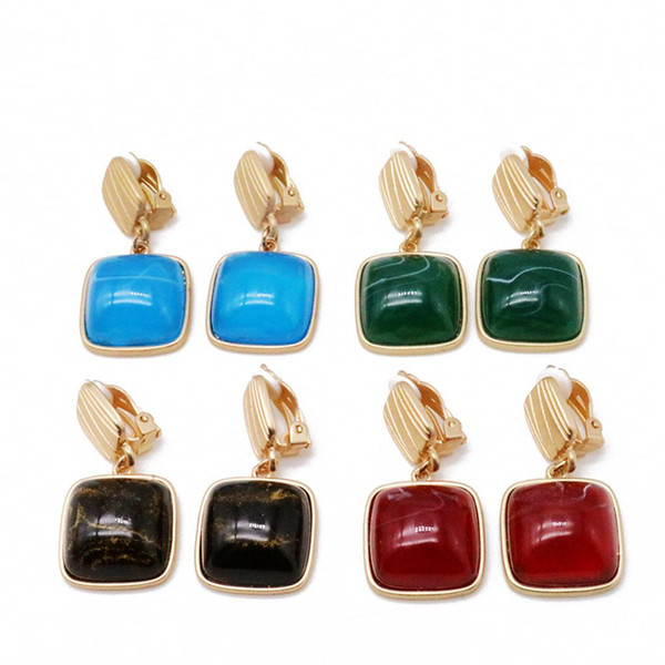 Free Shipping Fashion Sweet Square Elegant Alloy Resin Red Blue Brown Green Colors Clip-on Earring For Women