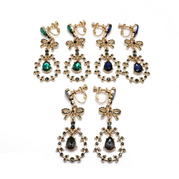 Free Shipping Sweet Bow Charm Teardrop Green Blue Gray Stones Alloy Elegant Design Clip Earring For Women