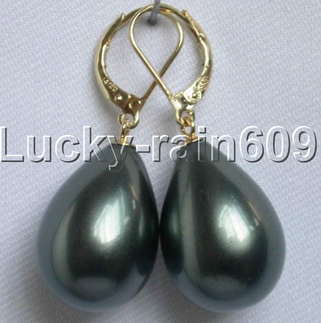 New Fine Pearl Jewelry 20X15mm Tahitian-black drop shell pearls dangle Earrings 14k E951