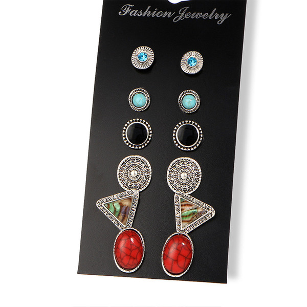 Wholesales 6Pairs/Set Natural Stone Turquoise Rhinestone Women Mens Earrings Studs Fashion Earrings Designer Jewelry Des Boucles D'oreilles