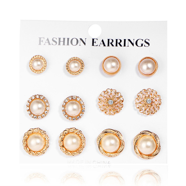 Exquisite 6 Pairs/Set Faux Pearl Gold Rhinestone Women Earrings Studs Fashion Earrings Designer Jewelry Des Boucles D'oreilles