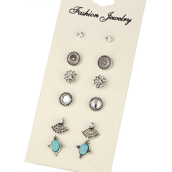 6 Pairs/Set Opal Turquoise Silver Rhinestone Women Mens Earrings Studs Fashion Earrings Designer Jewelry Des Boucles D'oreilles