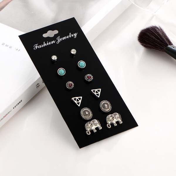 6Pairs/Set Punk Elephant Turquoise Rhinestone Women Mens Earrings Studs Fashion Earrings Designer Jewelry Des Boucles D'oreilles