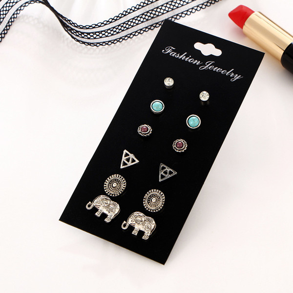 Wholesales 6Pairs/Set Punk Elephant Turquoise Rhinestone Women Mens Earrings Studs Fashion Earrings Designer Jewelry Des Boucles D'oreilles