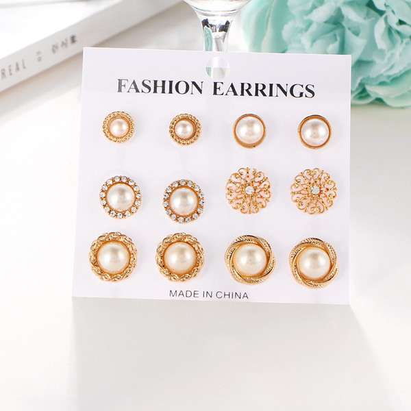 Wholesales Exquisite 6 Pairs/Set Faux Pearl Gold Rhinestone Women Earrings Studs Fashion Earrings Designer Jewelry Des Boucles D'oreilles