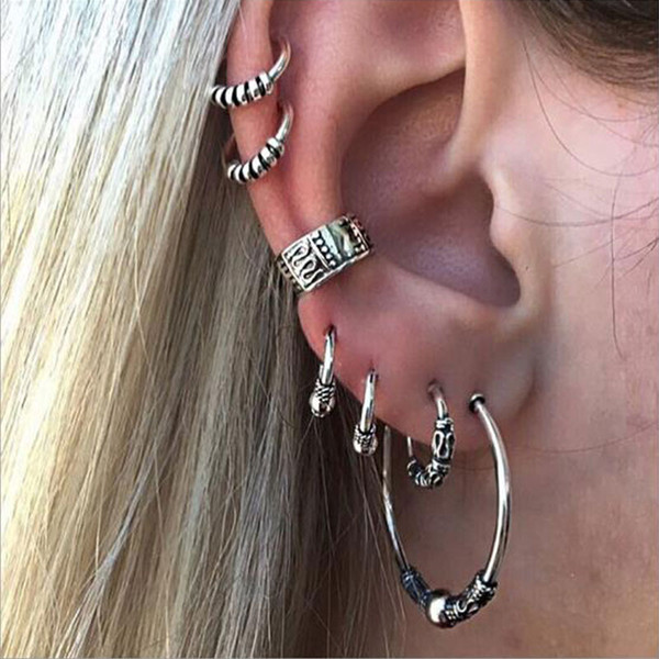 7PCS/Lot Punk Style Silver Color Earring Sets Ethnic Bohemia Ear Clip Earrings For Women Feather Leaf Owl Earrings Wholesale YMEJ715