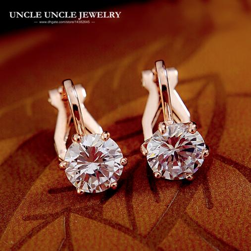 Rose Gold Color Clear 7mm Round Zirconia 6 Prongs Women Clip Earrings No Piercing Wholesale Fashion Accessories