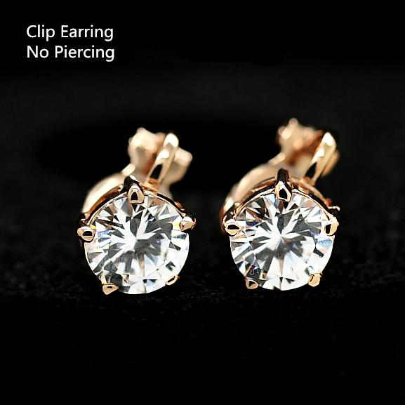 Classic Rose Gold Color 5 Prongs Hearts & Arrows 2ct Clear Cubic Zirconia Clip Earring No Piercing Wholesale Accessories