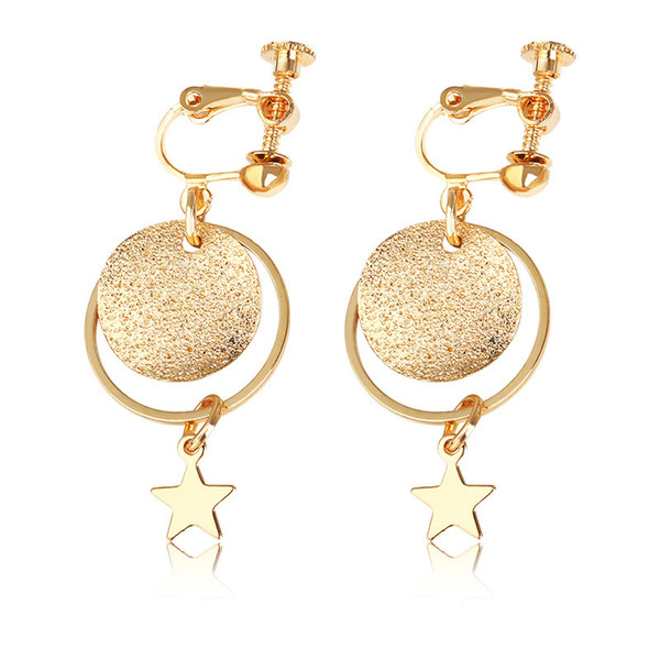 New Arrival Trendy Clip Earrings Vintage Geometric Round Gold Color Drop Earrings Hot Sale Women Metal Dangle Earring Jewelry