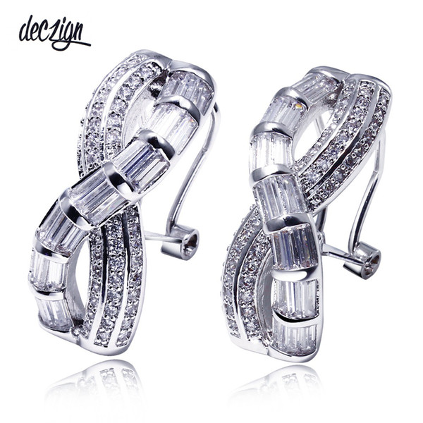 Deczign Women's CZ Clip Earrings Rectangle & Round Cubic Zircon Setting Lead Free Real Gold and Platinum Allegry Free Silver Pins YE4695