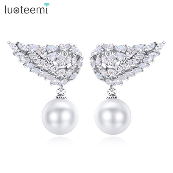 LUOTEEMI New Fashion Vivid Wing Stud Earrings With White Created Pearl-Drop For Women Cubic Zirconia Earrings Brinco Gifts