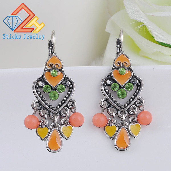 Earring Clip Fashion Party Dresses Bohemia Style Enamel Beads Statement Love Heart Drop Earrings Vintage Jewelry for Women