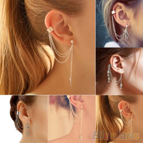 1PC Punk Silver Tassels Chain Leaf Fish Cross Charms Metallic Ear Wrap ear cuff earrings 1Q3J