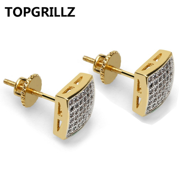 TOPGRILLZ Gold Color Iced Out Micro Pave Cubic Zircon Camber Stud Earrings Men Trend Hip Hop Jewelry Gifts With Srew Back Buckle