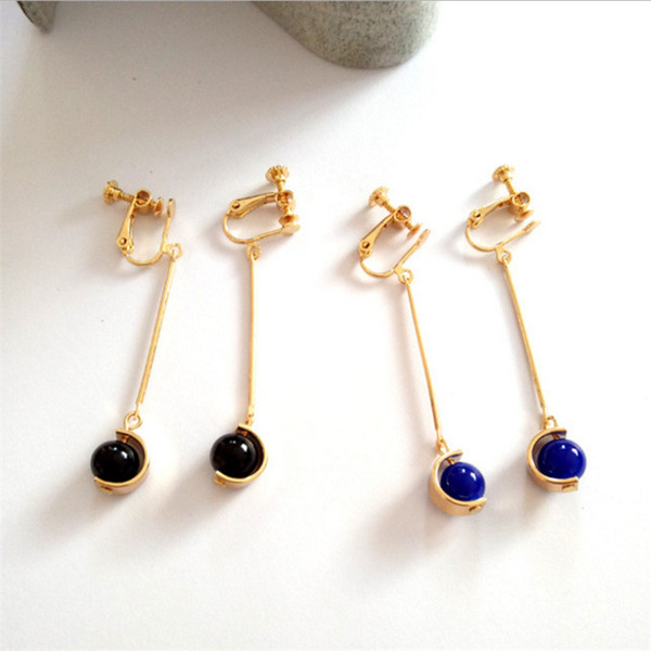 XS Delicate Small Vintage Natural Stone Long Clip Earrings Blue & Black Temperament Spiral Earring TJ001