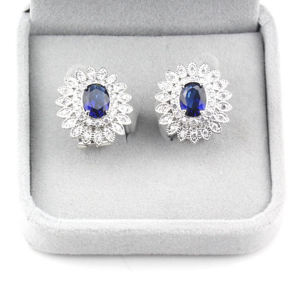 Noblest Young Fashion Women Clip Earring Big Flower Austrian Crystal Blue Cubic Zirconia Silver Jewelry Accessories