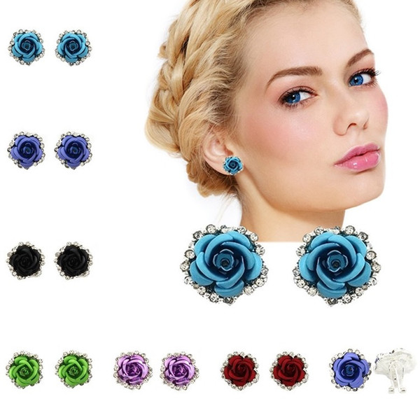 New Fashion accessories earrings alloy different colors flower rose rhinestone earrings ladies children girls earrings T6C115