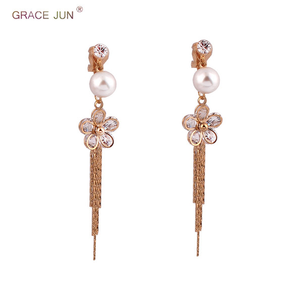 GRACE JUN High-grade Rhinestone Pearl Clip on Earrings No Pierced for Women Fashion Tassel Brincos Long Drop Pierced Earrings