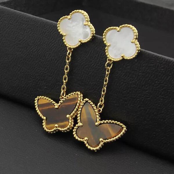 Top brass materialflower+ butterfly shape dangle earring with nature black agate and tiger stone for women and girl friend jewelry gift bra