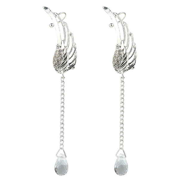 1 Pair Angel Wing Dangle Earrings Silver Crystal Chain Drop Earrings Ear Cuff Stud Clip Colorful