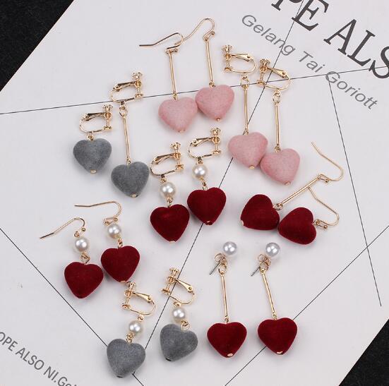 Korean hot sell love earrings flannelette Heart-shaped unsymmetrical earrings girl's pearl sweet without ear cave ear clip