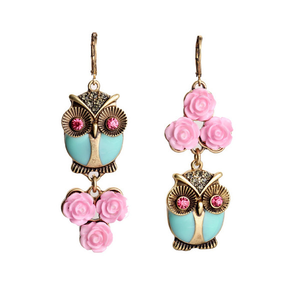 Cute Fashion Pink Flowers Owl Long Earrings Women Costume Jewelry Factory Wholesale