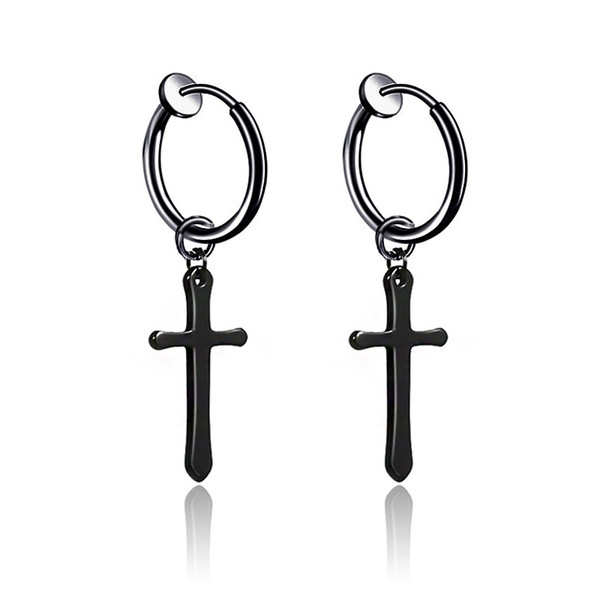 1Pair 2PC There is no ear hole Men Women Cross Earrings Trendy Hip Hop Rock Clip Earring Male Punk Jewelry Black Silver Color