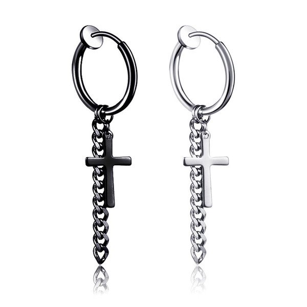 1Pair 2PC Hip Hop Black Titanium Steel No ear hole Mens Women Tassel Earrings Trendy Cross Clip Earring Male Female Rock Jewelry