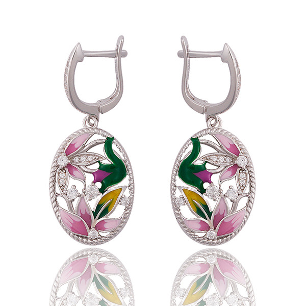 925 Silver Lotus Earring Green Lotus Leaf and Pink Flower Buds Perfect Jewelry Earrings for Women Fashion Clothing Jewelry