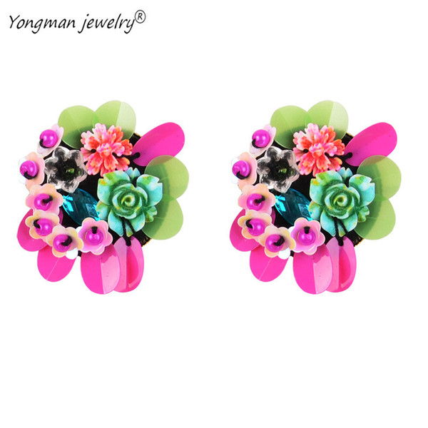 YONGMAN Handmade Flower 2018 Earrings Cuff Alloy Sequin Pearl Resin Rhinestone Floral Clip On Earrings For Women Boho Jewelry