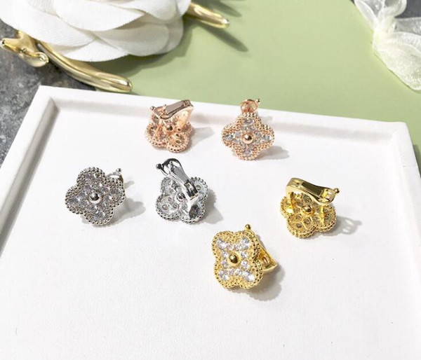 Full diamond flower earrings ear clip 3 colors + box