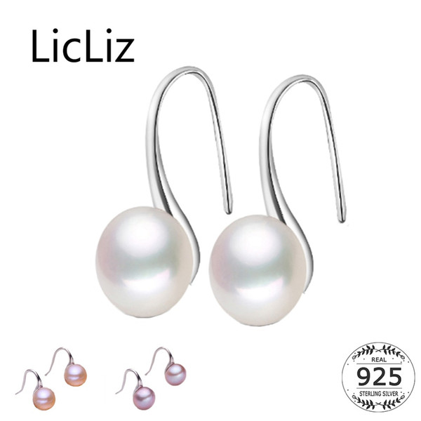 LicLiz Pure 925 Sterling Silver Earrings Drop Women Round Natural Freshwater Pearl Hook Dangle Earring Ear Drops Brincos LAE0009