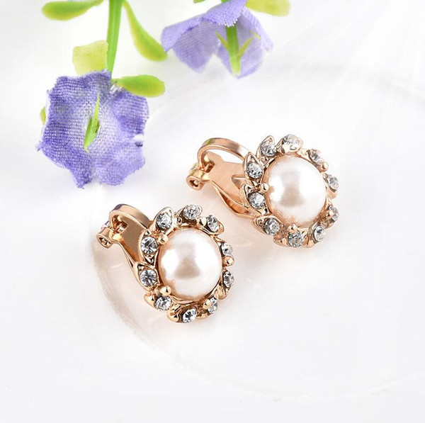 Clip On Chic Cream Pearl Crystal Rhinestone Drop Stud Gold Earrings Jewelry